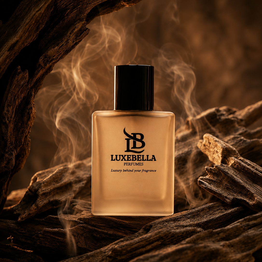 A bottle of Luxebella Perfume with a black cap and amber-colored liquid, set against a dark, rustic background with wood textures and wisps of smoke.