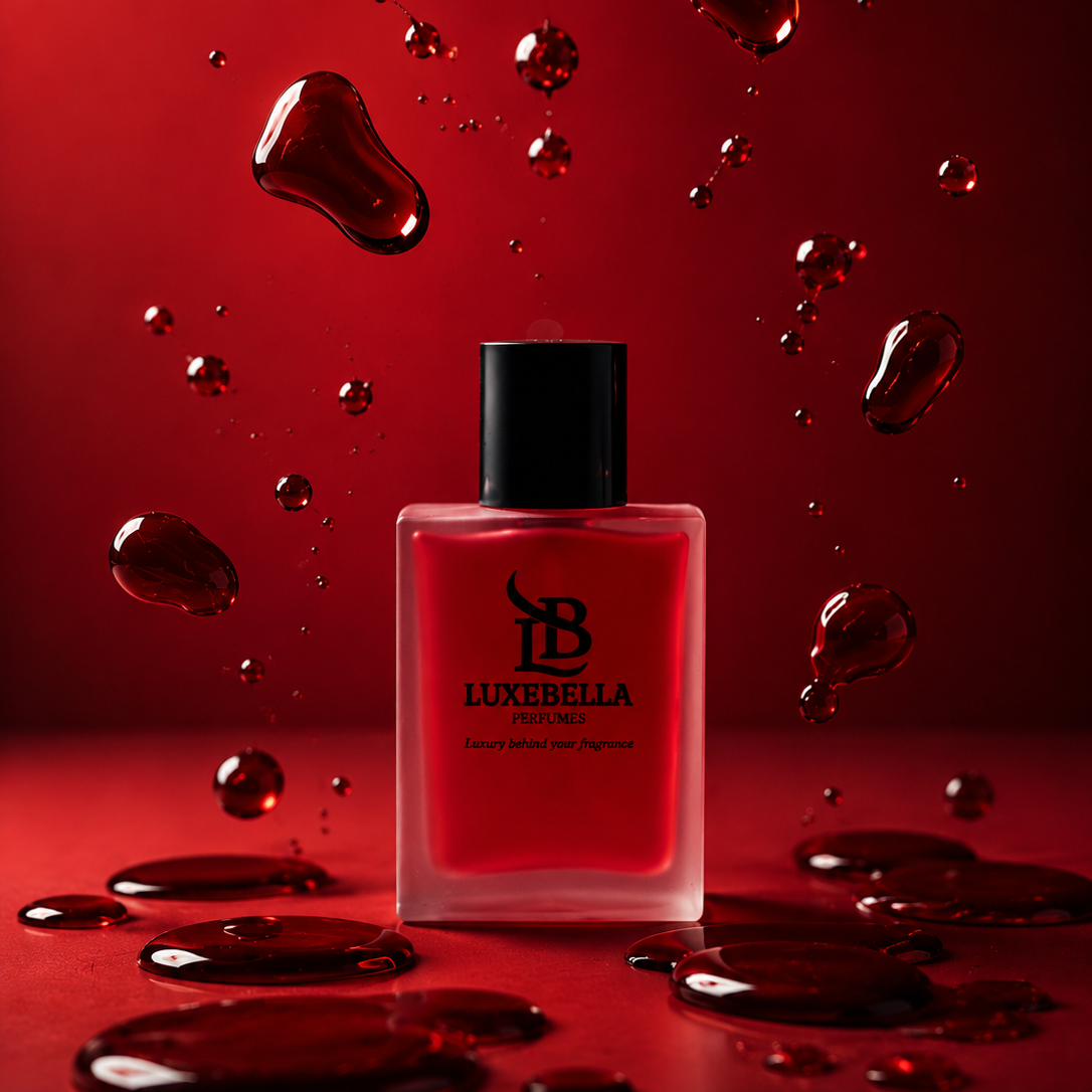 A square glass perfume bottle filled with vivid red liquid, featuring a black cap and a black logo with the text 'LUXEBELLA PERFUMES' on the front. The bottle is centered against a dramatic red background with floating and splattered red liquid droplets around it.