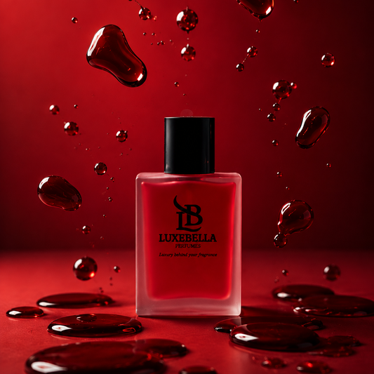 A square glass perfume bottle filled with vivid red liquid, featuring a black cap and a black logo with the text 'LUXEBELLA PERFUMES' on the front. The bottle is centered against a dramatic red background with floating and splattered red liquid droplets around it.