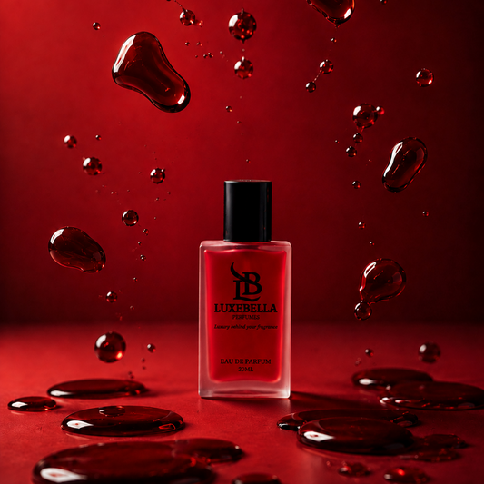 Luxabella Paris red nail polish in a clear rectangular bottle with a black cap, centered against a dramatic red background with floating and pooling glossy red liquid droplets.