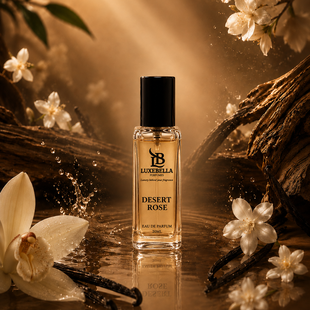 Luxebella Desert Rose Eau de Parfumebottle displayed on a reflective surface with warm golden light rays, white flowers, and vanilla beans in a styled natural setting.