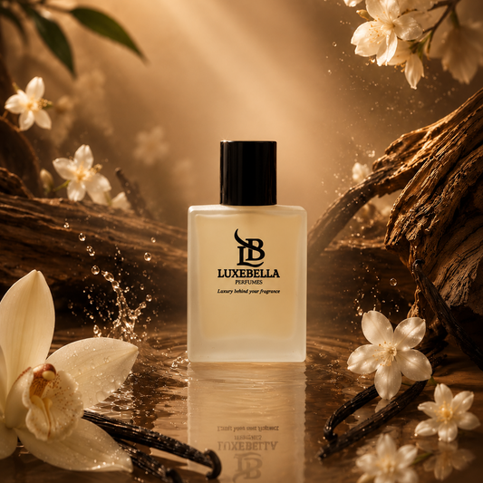 A frosted glass perfume bottle labeled 'LUXRELLA PERFUMS' with a black cap, centered on a reflective surface with warm golden light rays, white flowers, and dark wood branches around it.