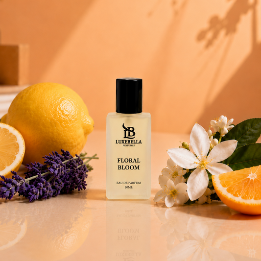 A 20ml bottle of Luxebella Floral Bloom Eau de Parfum stands on a reflective surface, styled with fresh lemons, orange slices, white blossoms, and purple lavender against a warm peach background with leaf shadows.
