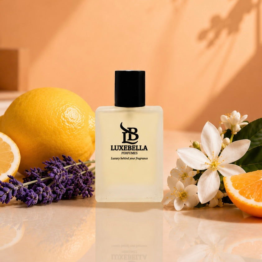 A bottle of Luxebella Fragrances perfume stands centered on a reflective surface, surrounded by a whole lemon, a sliced lemon, purple lavender sprigs, white blossoms, and an orange slice against a warm peach background with leaf shadows.