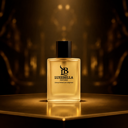 Luxabella London luxury body and fragrance oil in a clear rectangular bottle with a black cap, displayed on a reflective gold surface against a dark, atmospheric background with warm golden lighting.