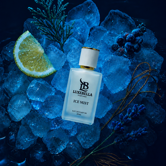 Luxebella London Ice Mist Eau de Parfum bottle, styled on a bed of glowing blue ice with a lime wedge, lavender sprigs, and a pine branch against a dark background.