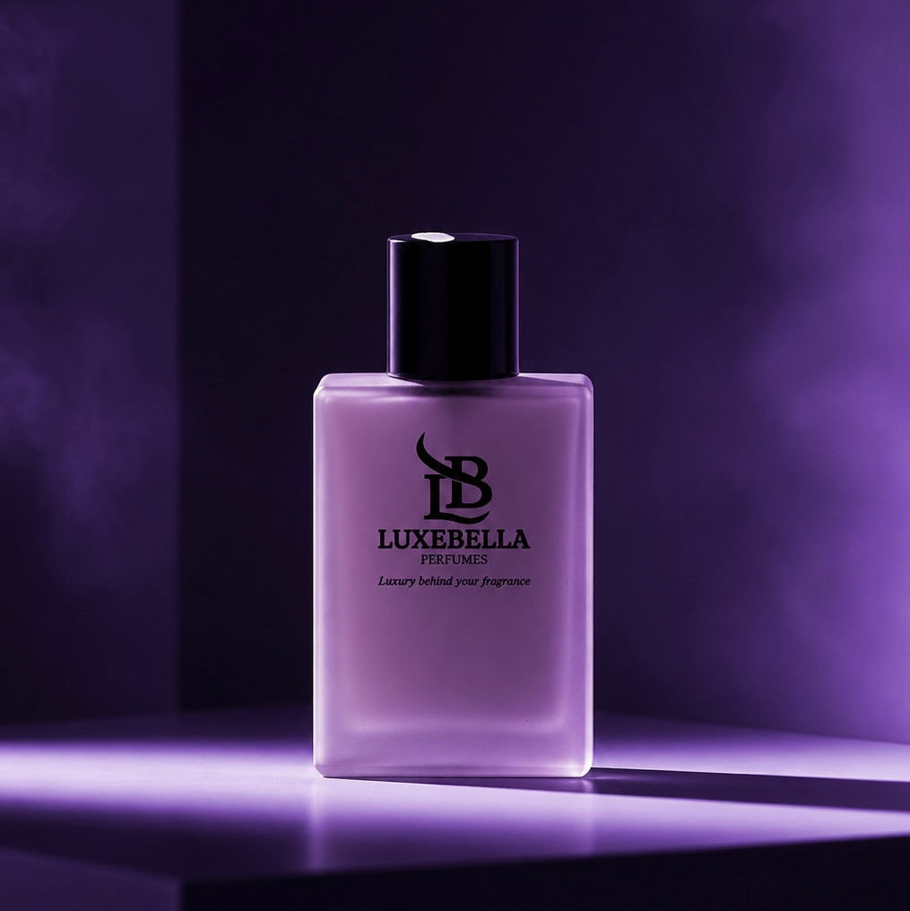 A rectangular frosted glass perfume bottle with a black cap, labeled 'LUXEBELLA PERFUMES', set against a dark purple background with atmospheric lighting.