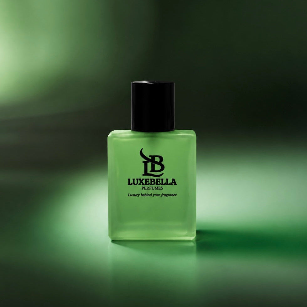 A frosted green bottle of Midnight Green Eau de Parfum by Luxe Bella with a black cap, standing centered under moody emerald lighting.