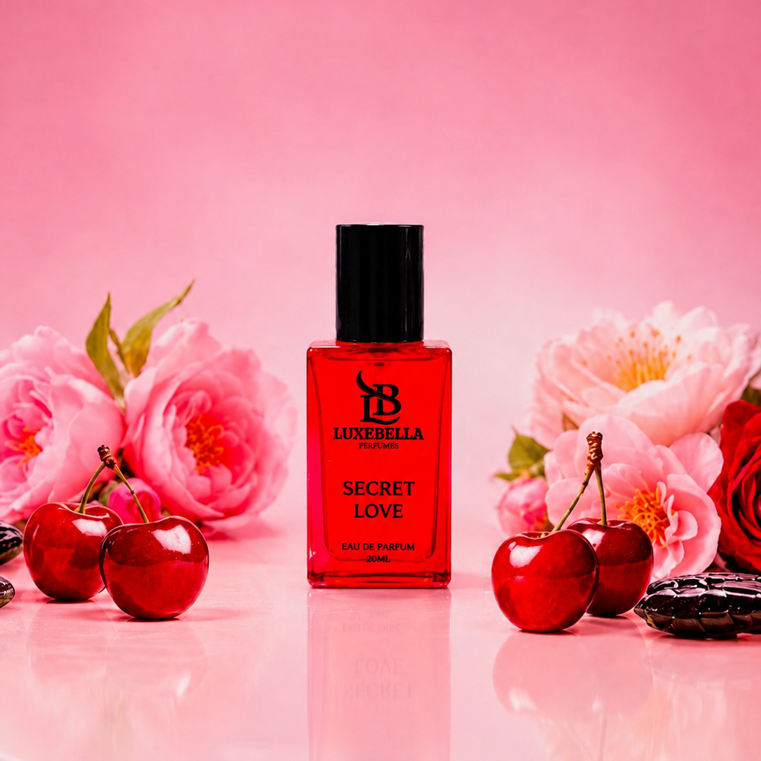Luxerella Secret Love Eau de Parfum bottle in a vibrant red glass with a black cap, styled on a pink reflective surface with pink peonies, cherries, and chocolates against a pink background.