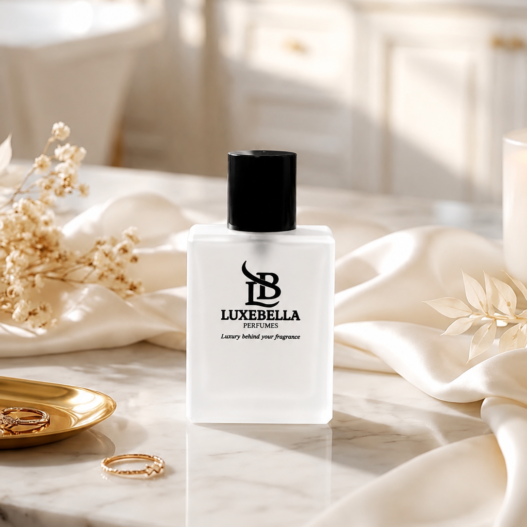 A frosted glass perfume bottle with a black cap stands on a marble surface, surrounded by draped satin fabric, dried flowers, and gold rings in a softly lit bathroom setting. The bottle label reads Luxebella Perfumes.