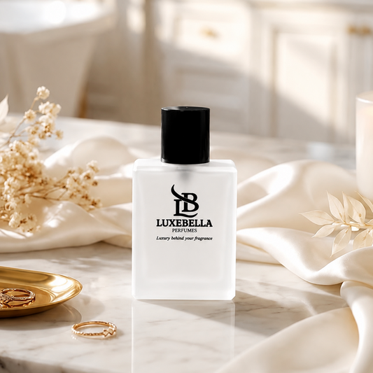 A frosted glass perfume bottle with a black cap stands on a marble surface, surrounded by draped satin fabric, dried flowers, and gold rings in a softly lit bathroom setting. The bottle label reads Luxebella Perfumes.